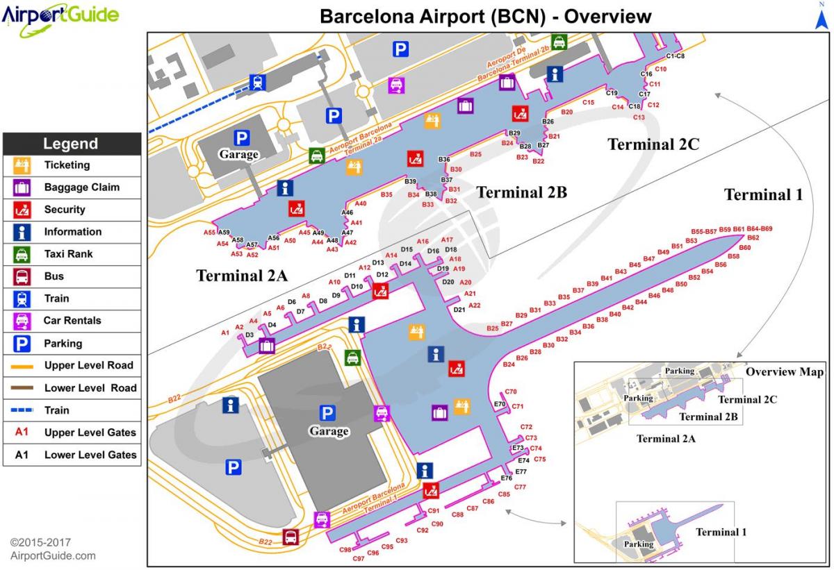 de luchthaven van barcelona kaart terminal 1 en 2